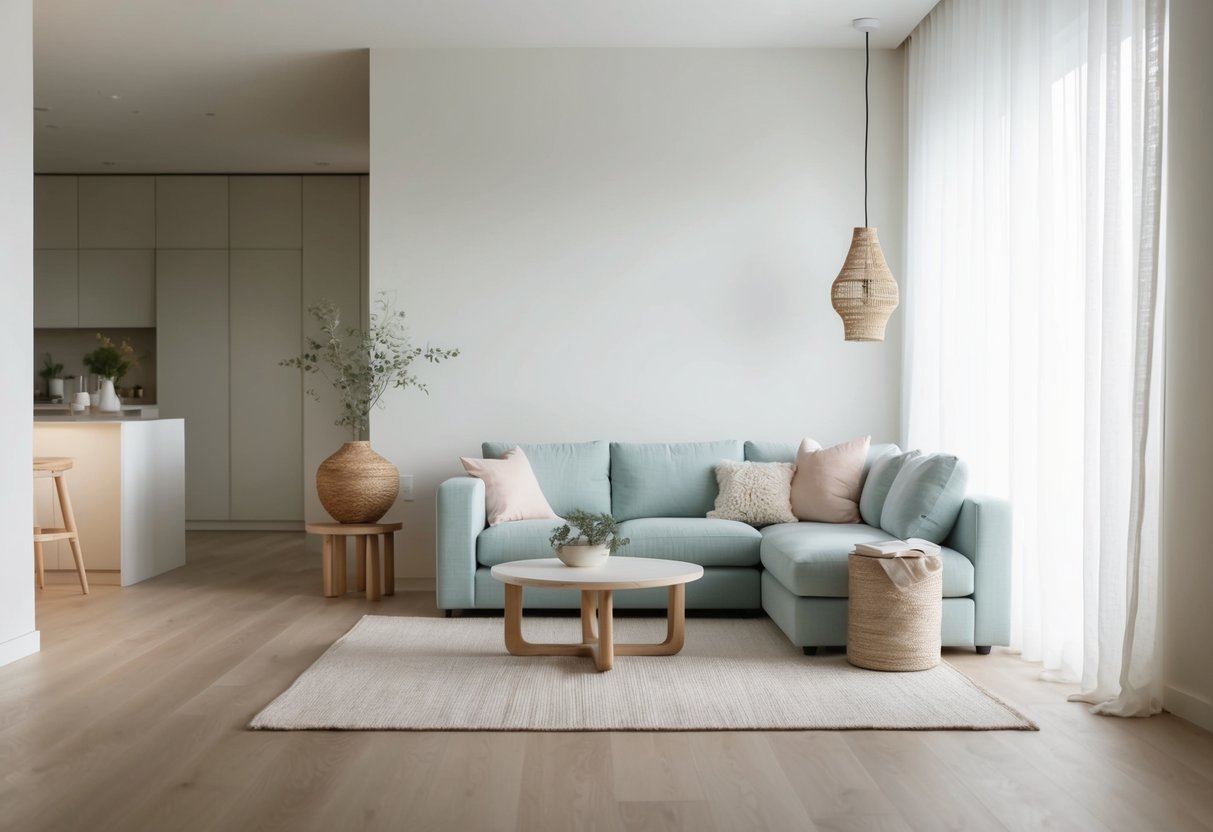 A serene, clutter-free room with soft lighting, a large open space, and minimal furniture. A peaceful atmosphere with calming decor and natural elements