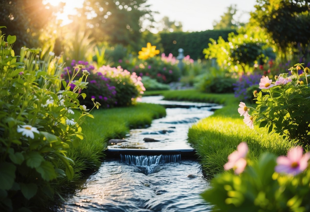 A serene garden with a flowing stream, surrounded by lush greenery and vibrant flowers, with the sun casting a warm glow over the peaceful setting