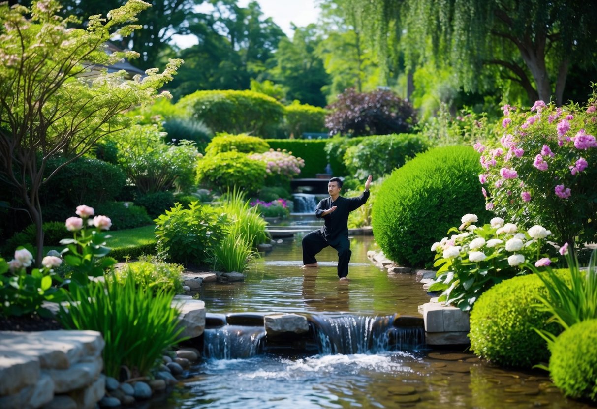 A serene garden with a flowing stream, surrounded by lush greenery and blooming flowers. A figure practices Tai Chi in the peaceful setting