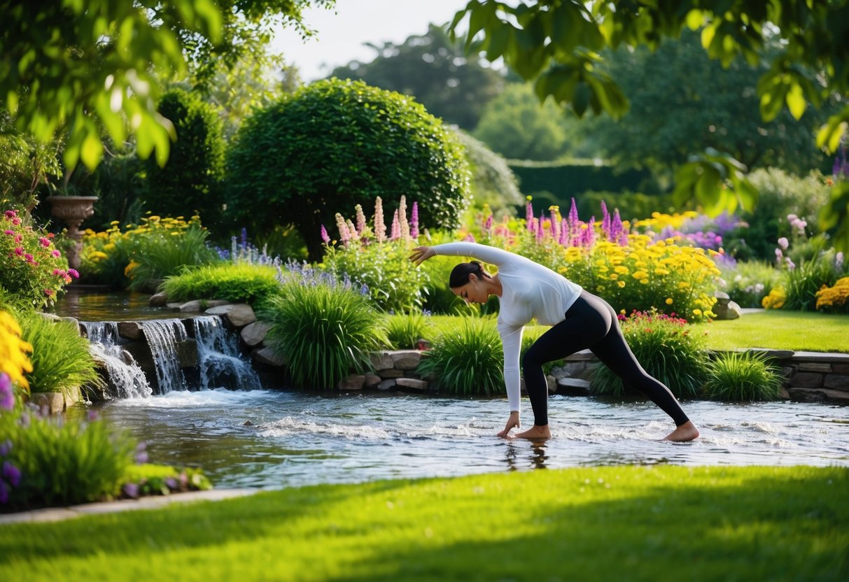 A serene garden with a flowing stream, surrounded by lush greenery and colorful flowers, with a figure practicing slow, deliberate movements