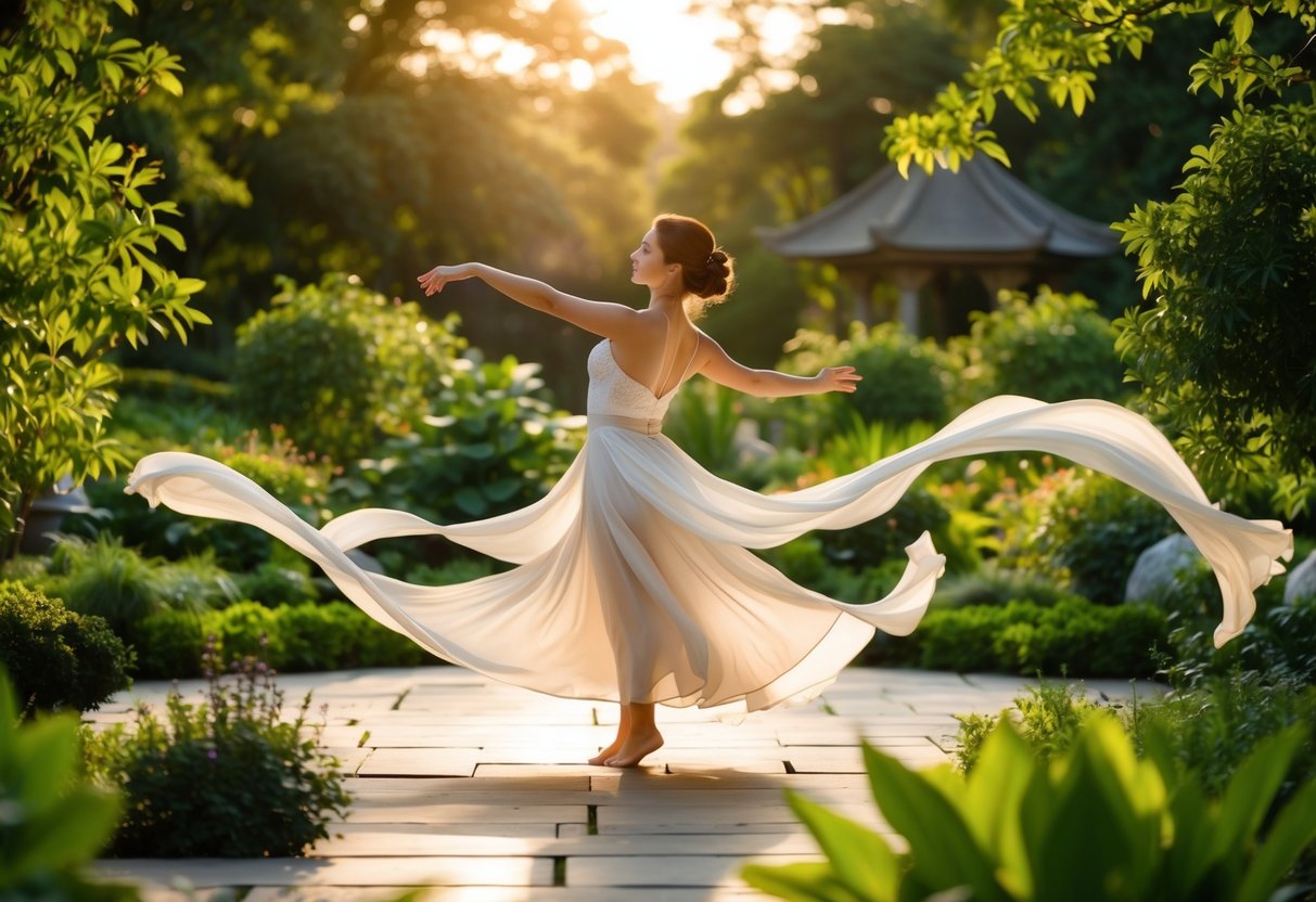 A serene garden with flowing movements and graceful postures, surrounded by lush greenery and bathed in warm sunlight