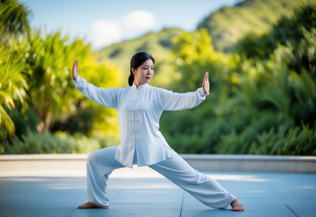 A serene outdoor setting with a backdrop of lush greenery and a clear blue sky, featuring a peaceful and flowing Tai Chi practice