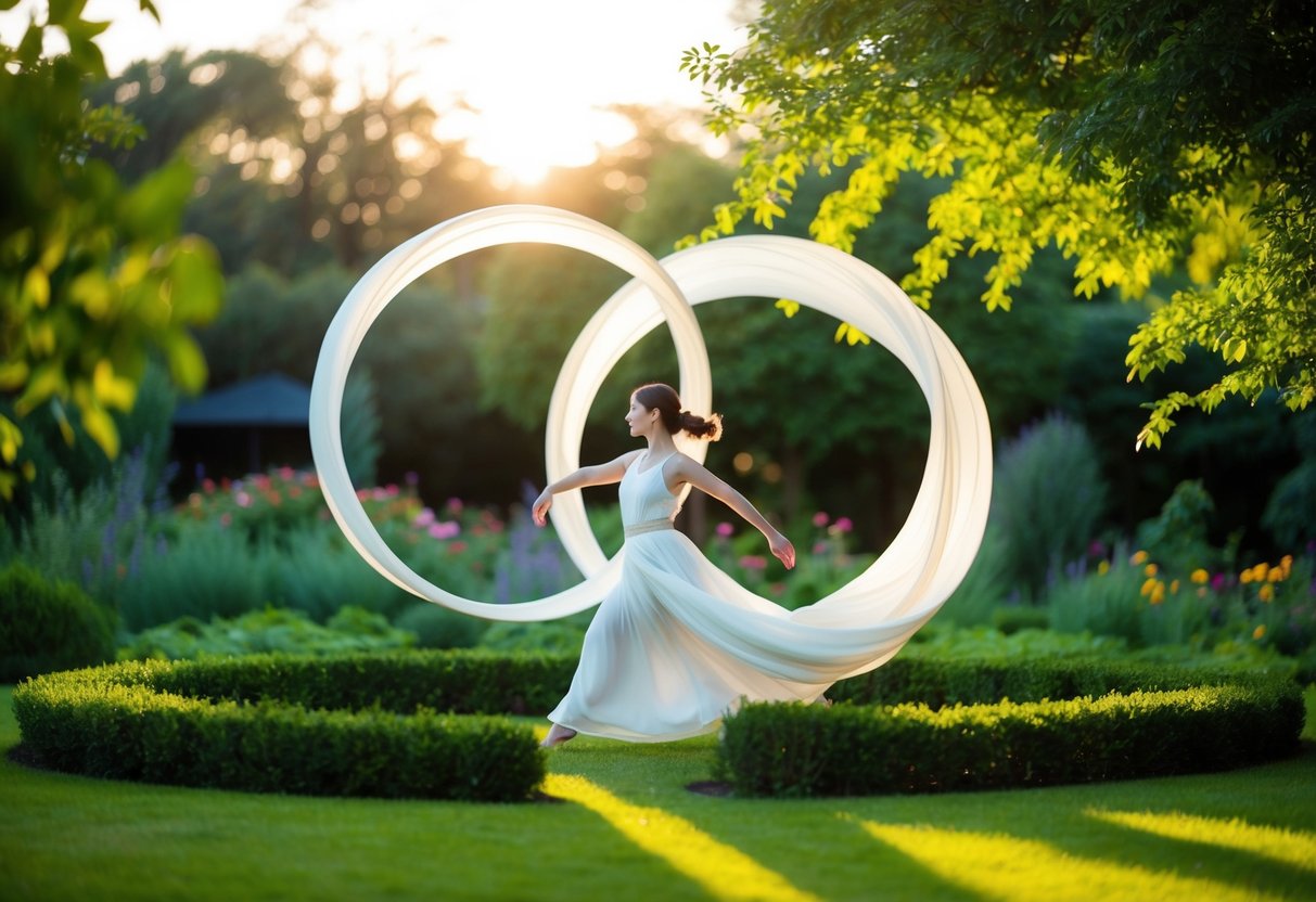 A serene garden with a figure moving gracefully through flowing, circular movements, surrounded by lush greenery and the warmth of the sun