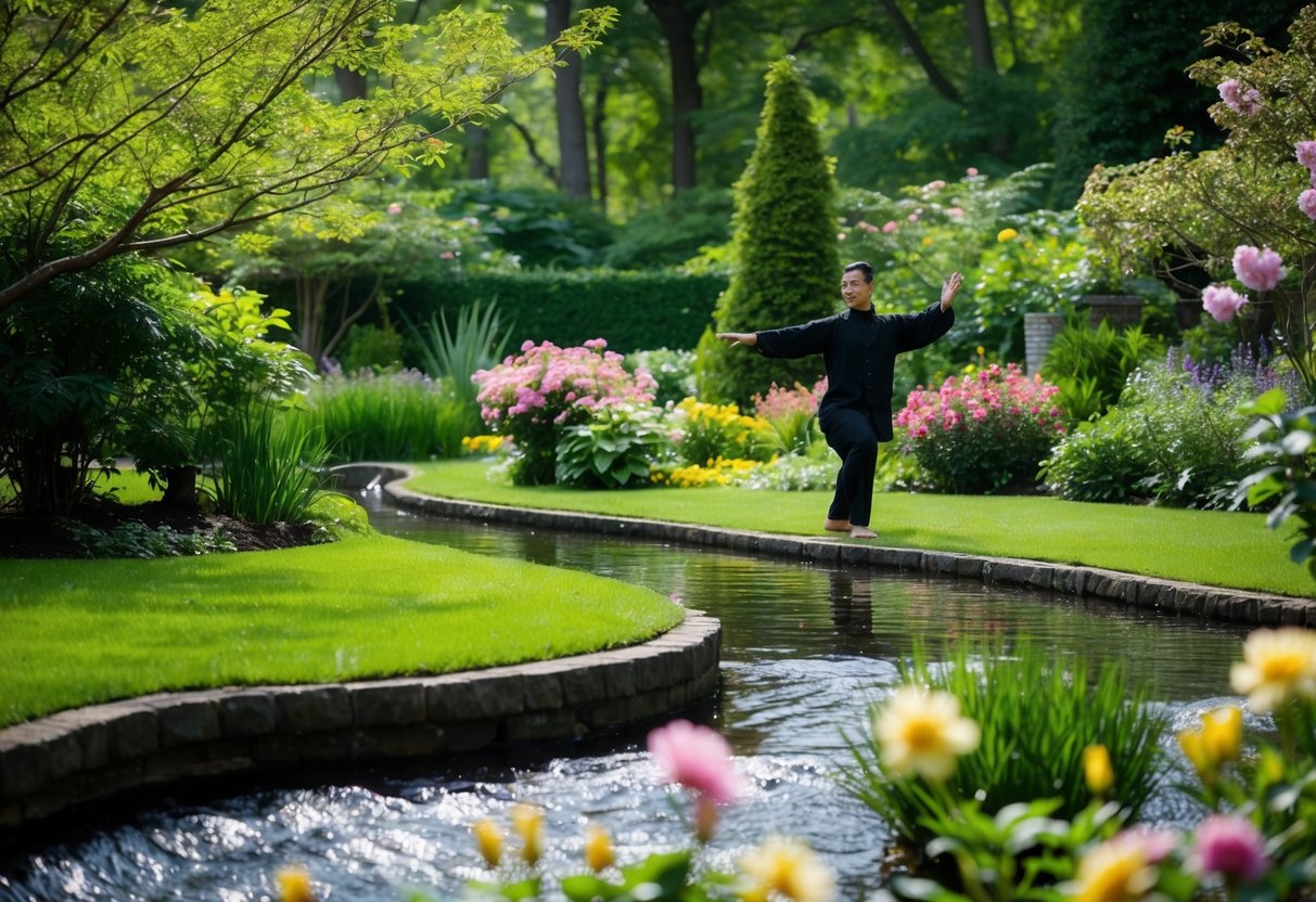 A serene garden with a flowing stream, surrounded by lush greenery and blooming flowers, with a figure practicing Sun Style Tai Chi