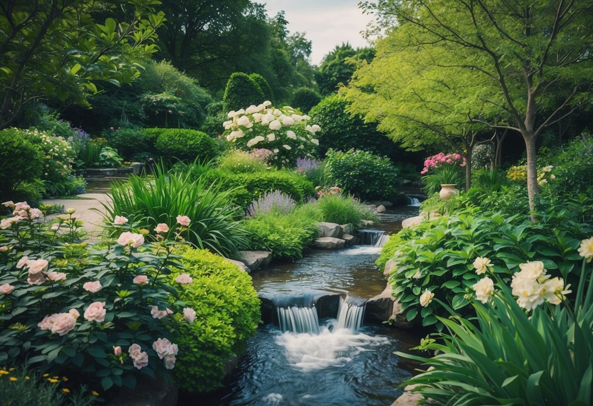 A tranquil garden with a flowing stream, surrounded by lush greenery and blooming flowers. A serene atmosphere with a sense of balance and harmony