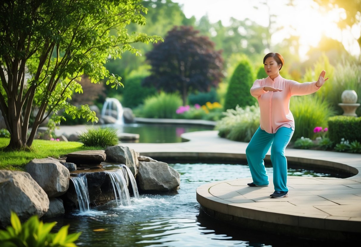 A serene outdoor setting with a peaceful garden, flowing water, and a person practicing Tai Chi