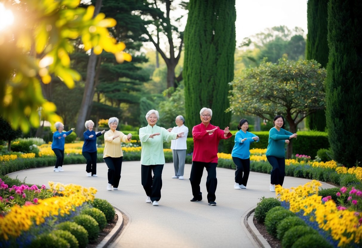 A serene garden with a winding path, surrounded by tall trees and colorful flowers, where a group of seniors practice Wu Style Tai Chi