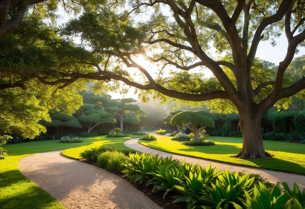 A serene garden with a winding path, surrounded by ancient trees and soft sunlight filtering through the leaves