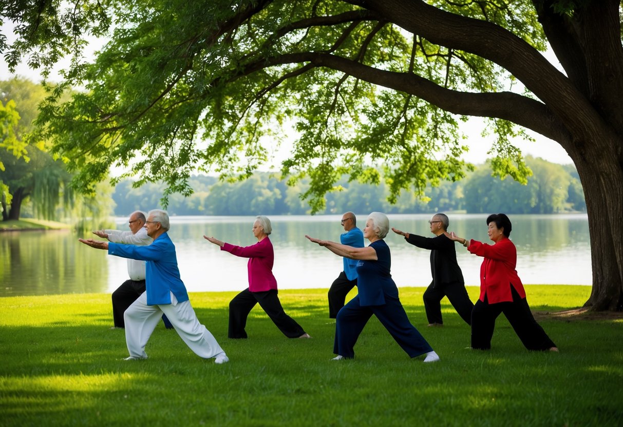 A serene park with a calm lake, surrounded by lush greenery. A group of seniors gracefully practice Wu Style Tai Chi under the shade of a large tree