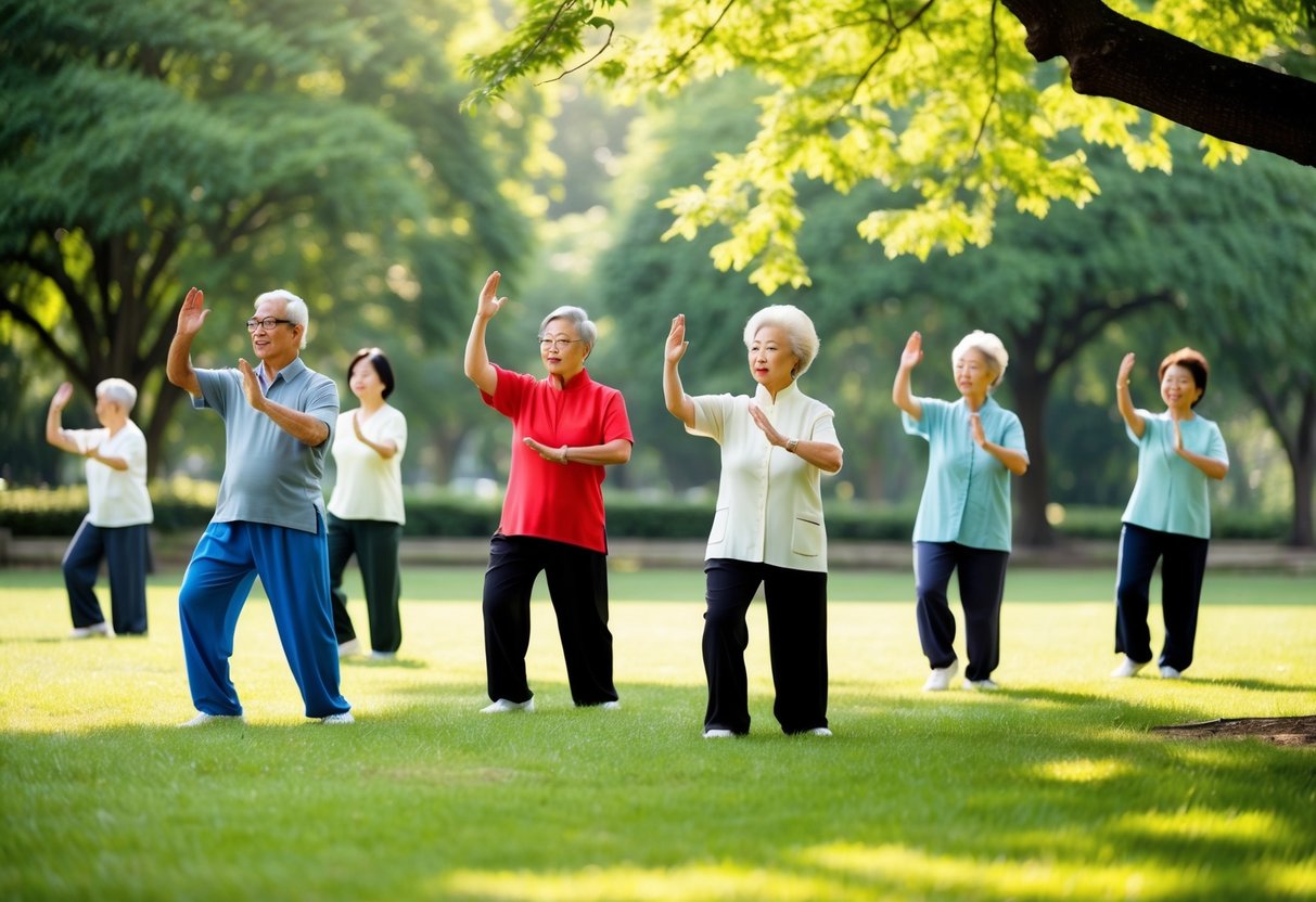 A serene park setting with a group of seniors gracefully practicing Wu Style Tai Chi, surrounded by lush greenery and gentle sunlight