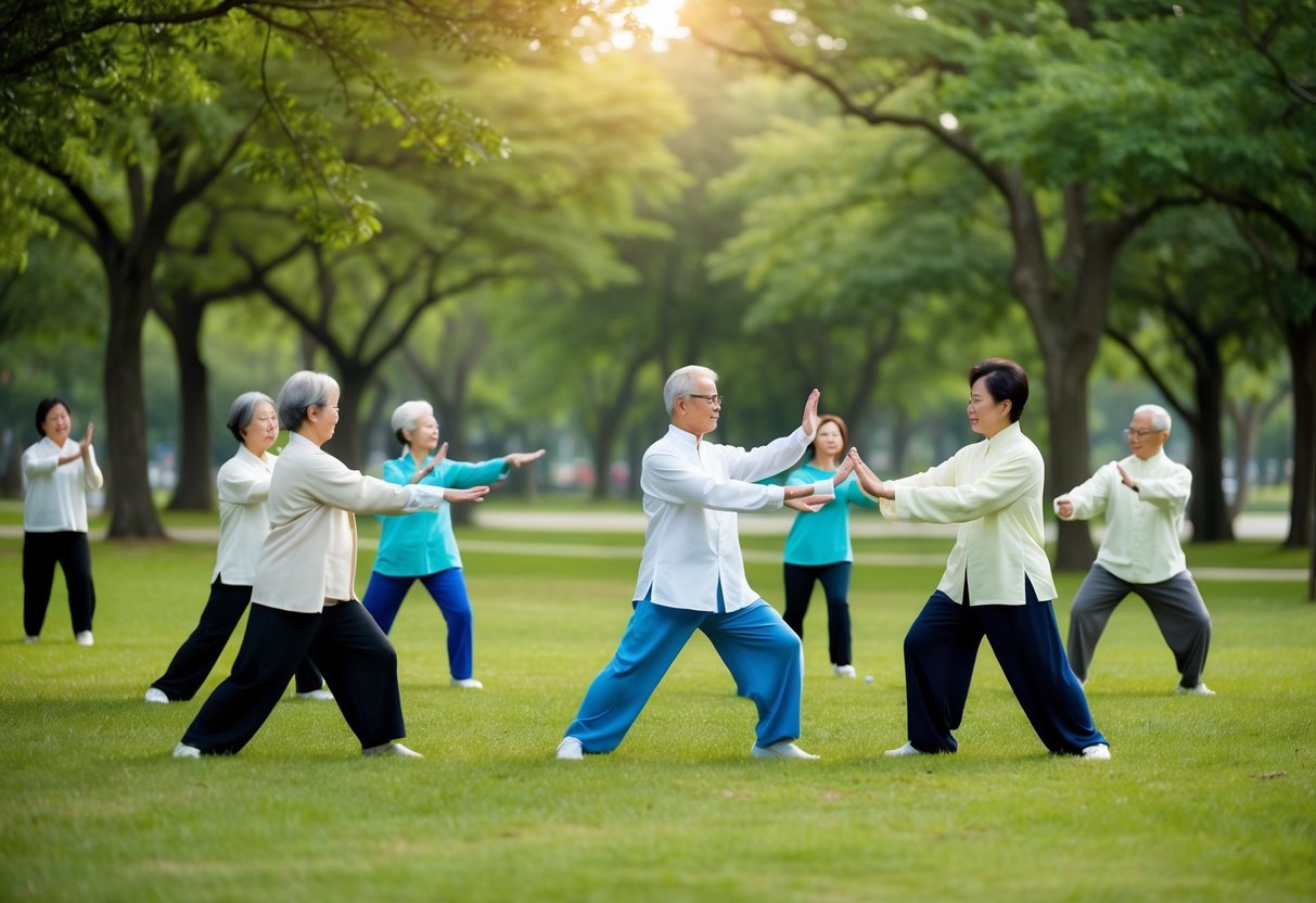 A serene park setting with a group of seniors practicing Wu Style Tai Chi in a circle, surrounded by trees and calm, peaceful atmosphere