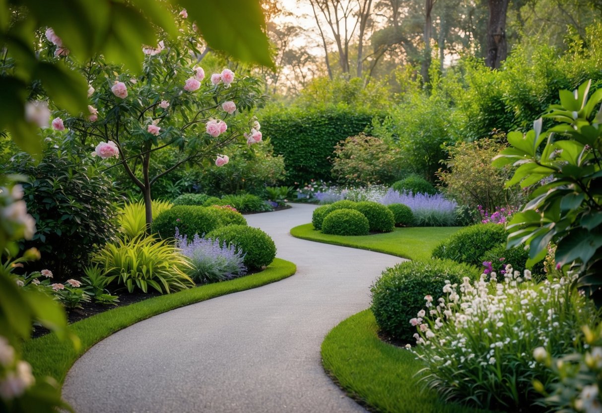 A serene garden with a winding path, surrounded by lush greenery and blooming flowers. A peaceful atmosphere with a sense of tranquility and gentle movement