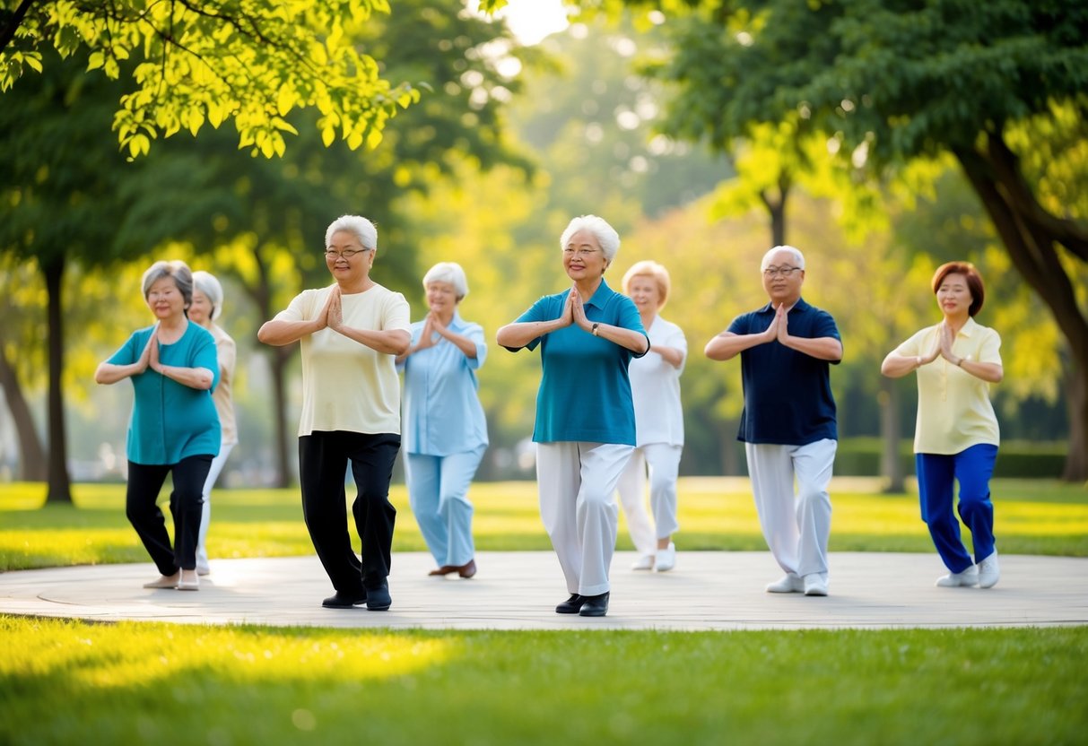 A serene park setting with a group of seniors gracefully practicing Tai Chi, surrounded by lush greenery and peaceful atmosphere