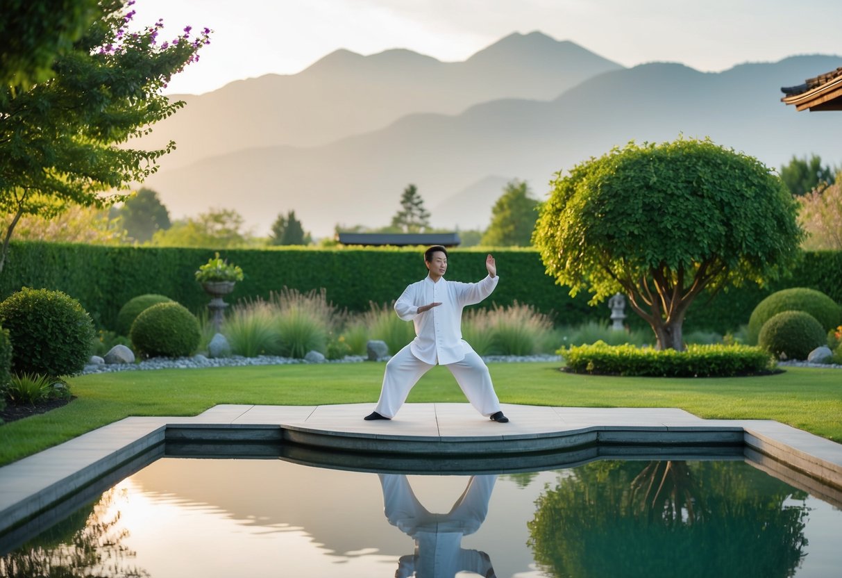 A serene outdoor setting with a peaceful garden, a calm pond, and a backdrop of mountains, where a figure practices the 24 Form Tai Chi