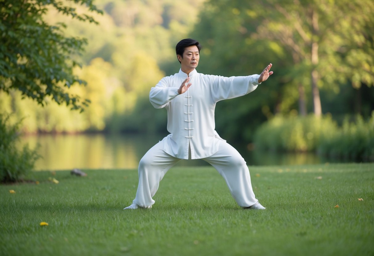 A serene outdoor setting with a figure performing the 24 Form Tai Chi, surrounded by nature and calmness