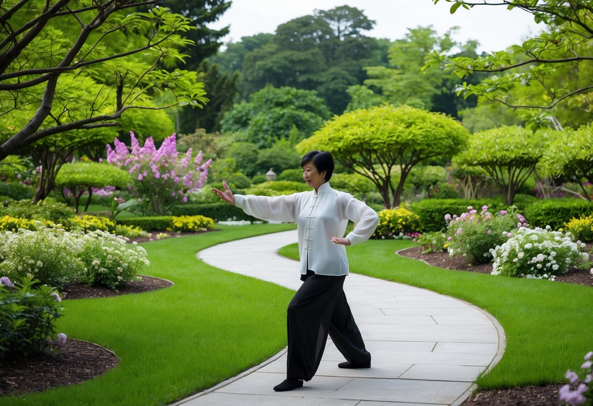 A serene garden with a winding path, surrounded by lush trees and blooming flowers. A figure gracefully moves through the 24 Form Tai Chi, embodying balance and tranquility