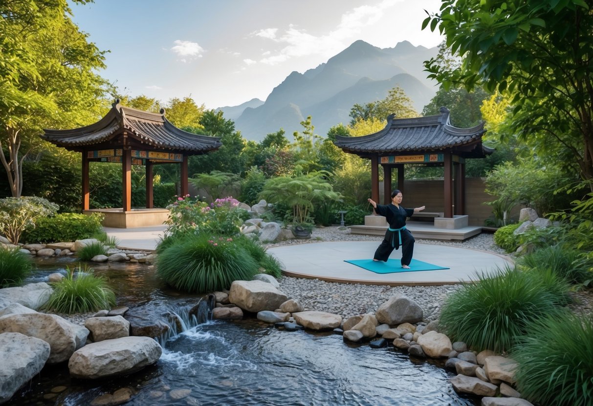 A serene outdoor setting with a peaceful garden, a flowing stream, and a traditional Tai Chi practice area with a view of the mountains