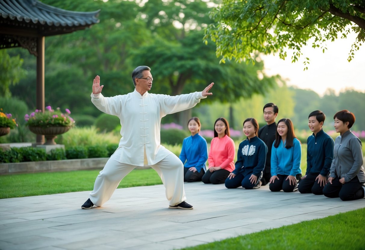 A serene outdoor setting with a peaceful garden, a Tai Chi master demonstrating the 24 form, and a group of eager students watching and learning