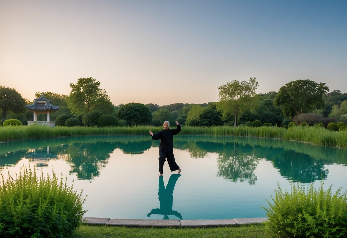 A serene outdoor setting with a calm pond, surrounded by lush greenery and a clear sky, with a figure performing the 10 Form Tai Chi in the foreground