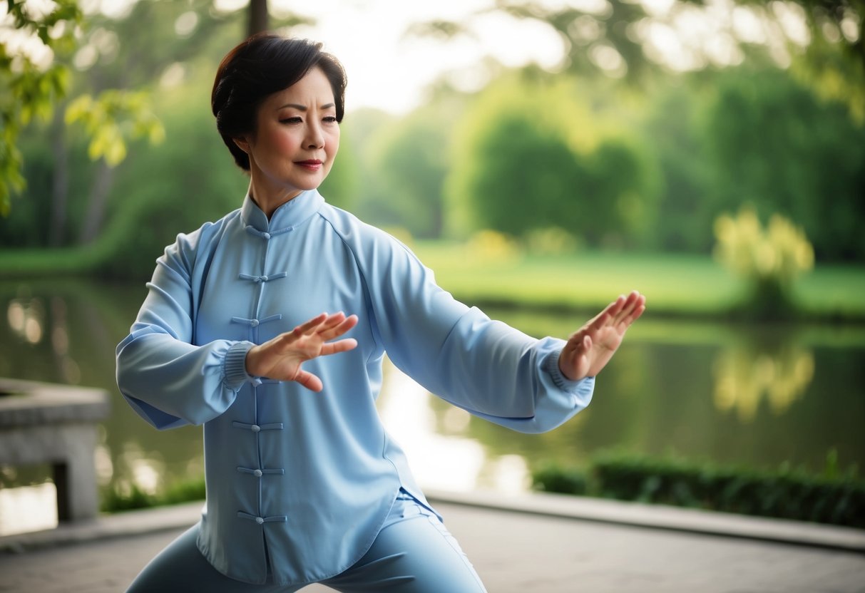 A serene outdoor setting with a figure performing fluid, graceful Tai Chi movements in a peaceful and tranquil environment