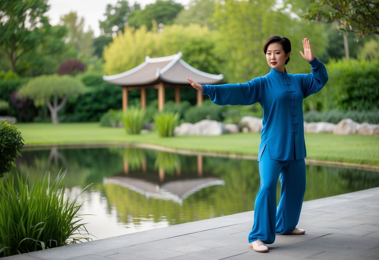 A serene outdoor setting with a tranquil pond and lush greenery, where a figure gracefully performs the 10 Form Tai Chi with fluid and deliberate movements