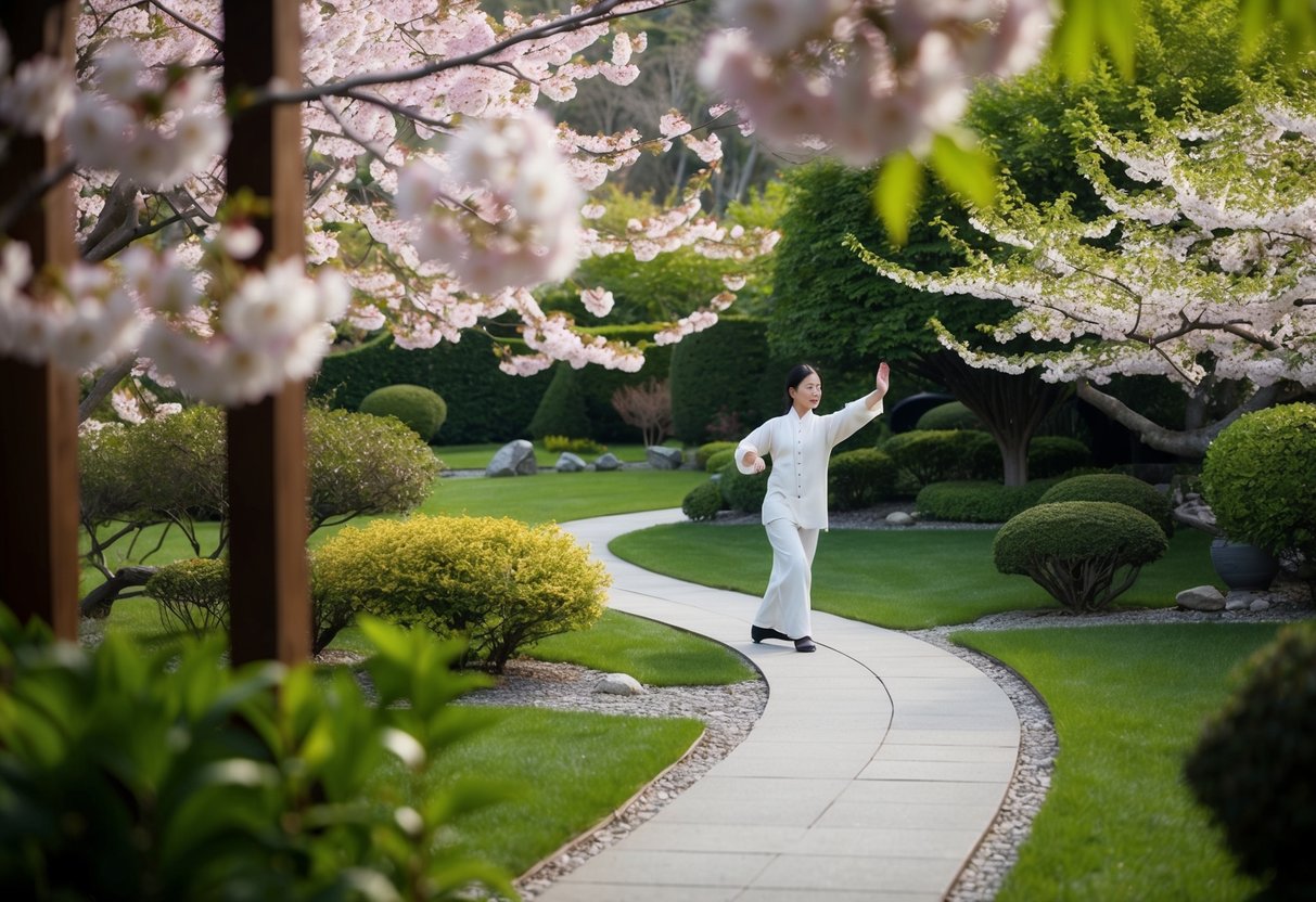 A serene garden with a winding path, framed by blooming cherry blossoms and lush greenery, where a figure gracefully performs the 10 Form Tai Chi