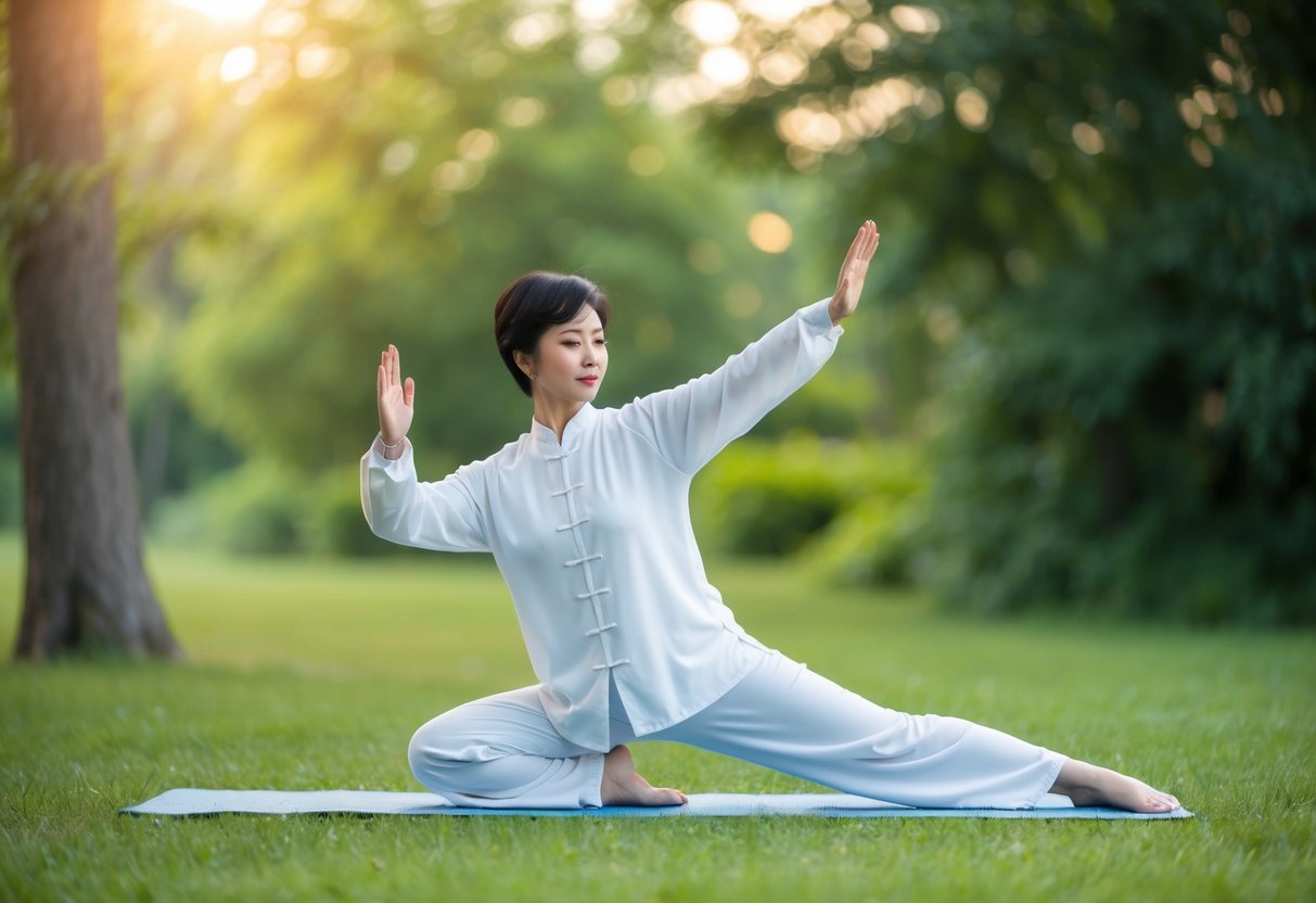 A serene outdoor setting with a person practicing Tai Chi, surrounded by nature and a sense of tranquility