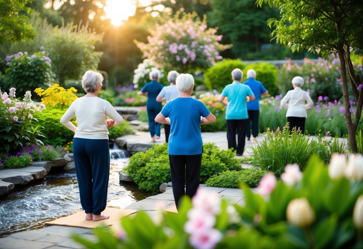 A serene garden with a flowing stream, surrounded by blooming flowers and lush greenery, as a group of seniors practice gentle qigong exercises