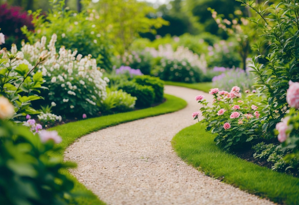 A serene garden with a winding path, surrounded by blooming flowers and lush greenery. A gentle breeze moves through the air, carrying the sound of birdsong