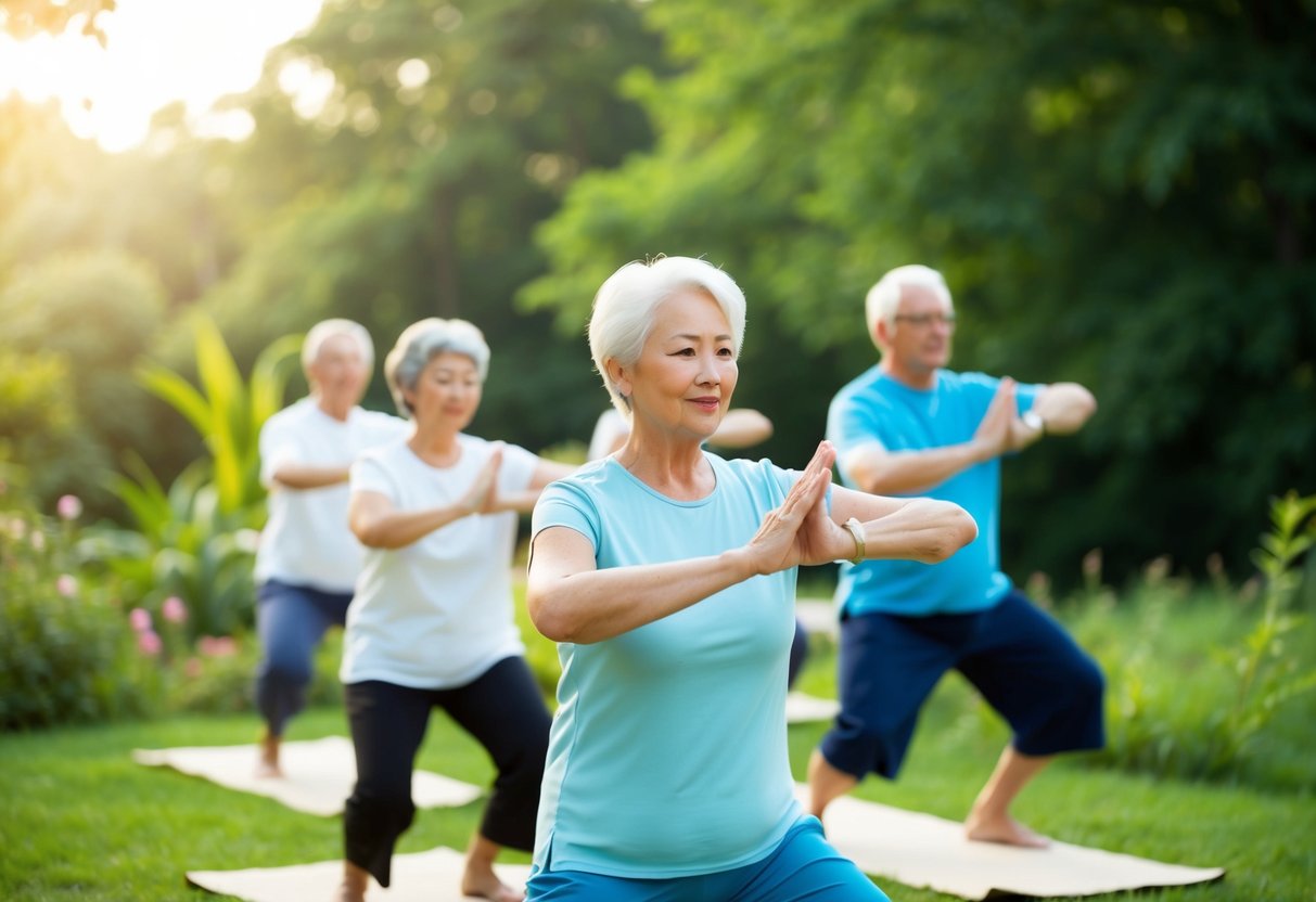 A serene outdoor setting with a group of seniors practicing gentle qigong exercises, surrounded by nature and flowing energy