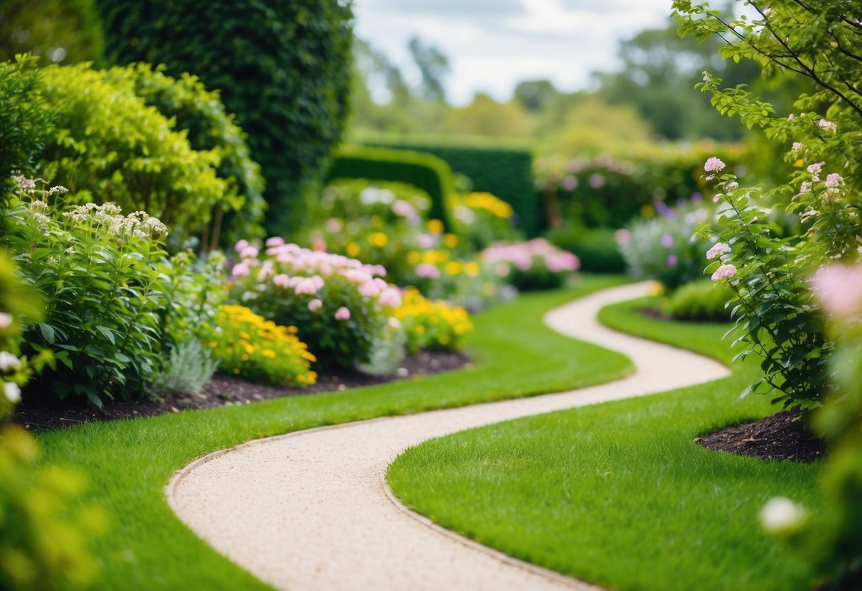 A serene garden with a winding path, surrounded by lush greenery and blooming flowers. A gentle breeze moves through the air, creating a sense of calm and tranquility