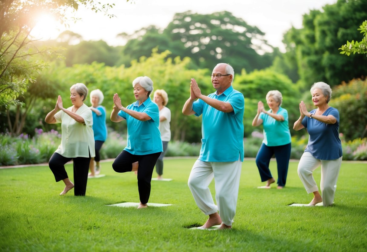 A serene garden with a group of seniors practicing gentle Qigong exercises, surrounded by flowing energy and a sense of community