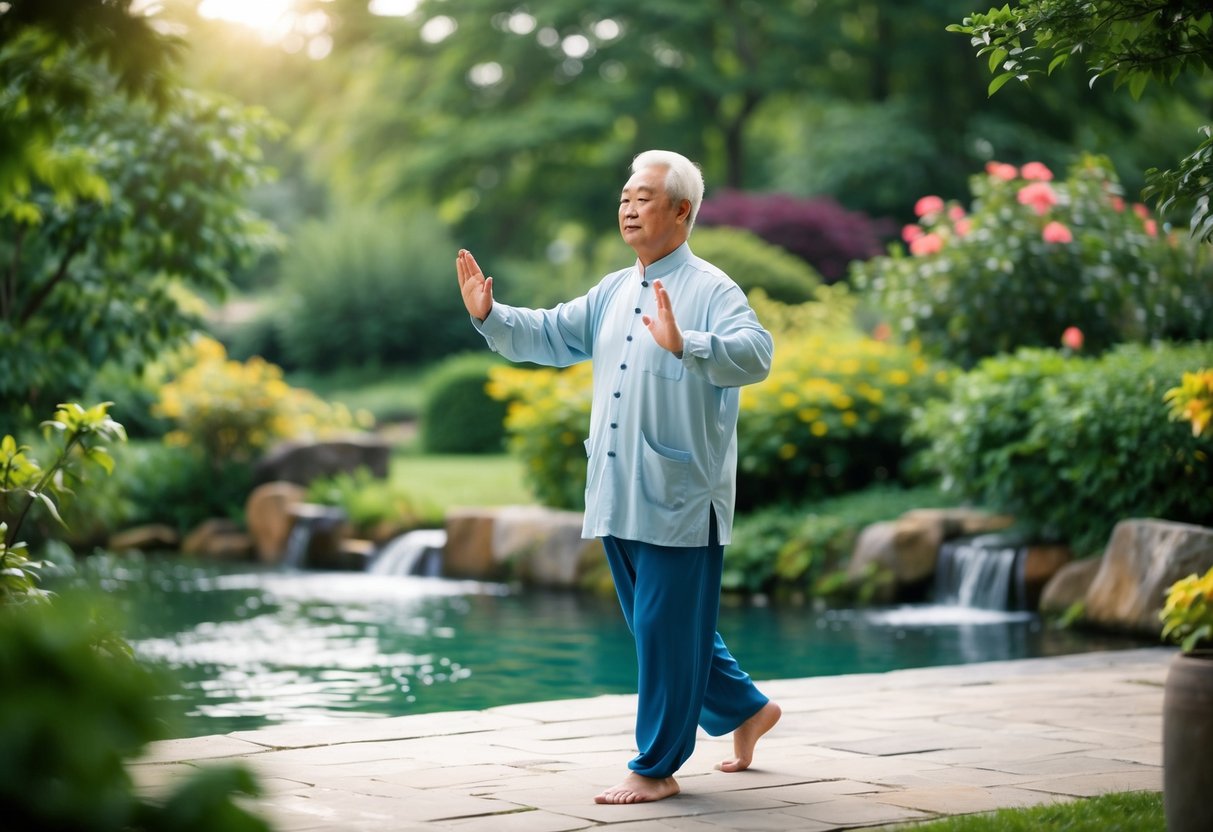 A serene senior practicing Qigong in a peaceful garden, surrounded by lush greenery and flowing water, with a gentle breeze in the air