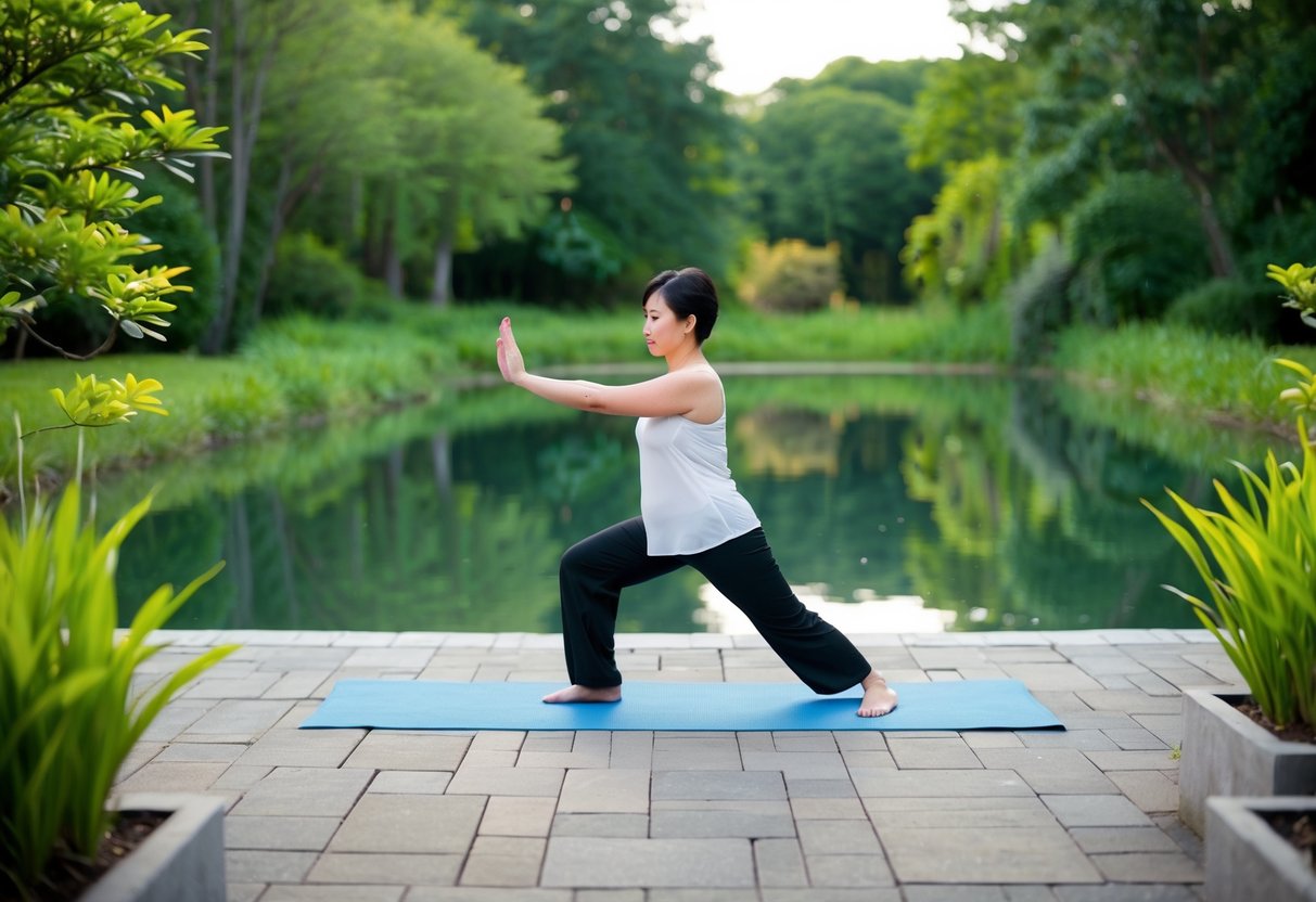 A serene outdoor setting with a tranquil pond surrounded by lush greenery. A person practices a seamless combination of Tai Chi and Yoga, flowing gracefully through the movements