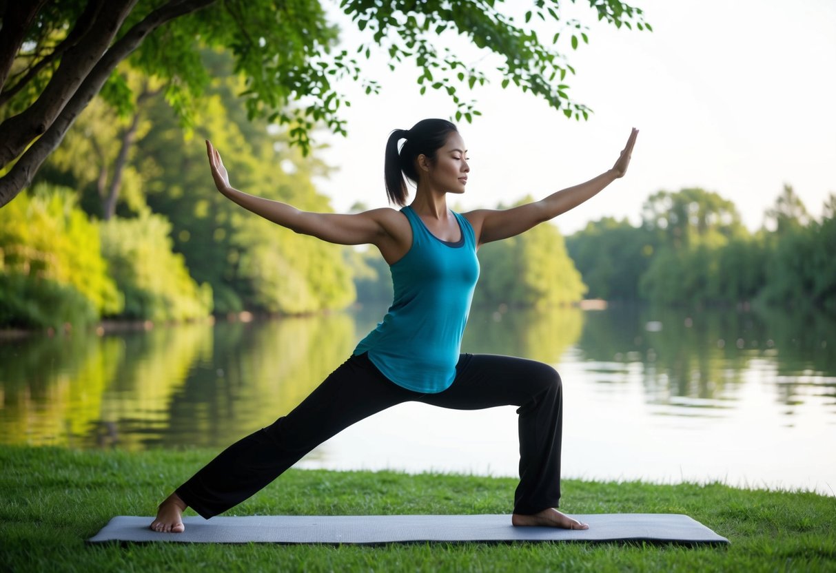 A serene outdoor setting with a person performing Tai Chi and Yoga poses, surrounded by lush greenery and calm waters, evoking a sense of peace and balance