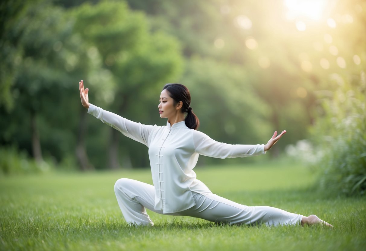 A serene figure practices a fusion of Tai Chi and Yoga, flowing through graceful movements in a tranquil natural setting