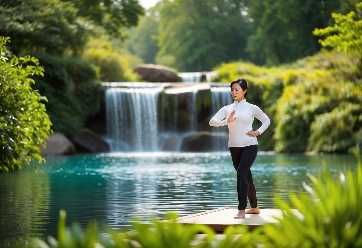 A serene outdoor setting with a peaceful waterfall and lush greenery, where a figure gracefully combines Tai Chi and yoga movements