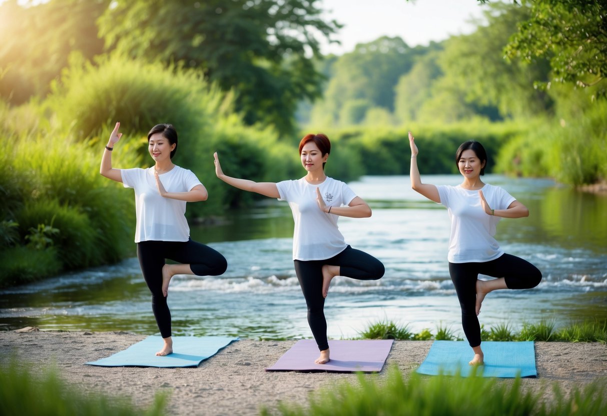 A serene outdoor setting with a flowing river, lush greenery, and a peaceful atmosphere. A harmonious blend of Tai Chi and Yoga movements being performed in unison