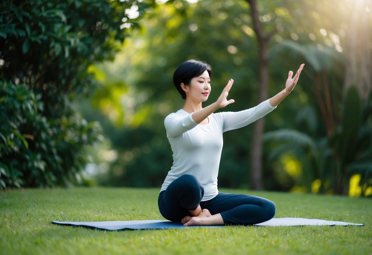 A serene outdoor setting with a person practicing Tai Chi and Yoga in harmony, surrounded by lush nature and a calm, peaceful atmosphere