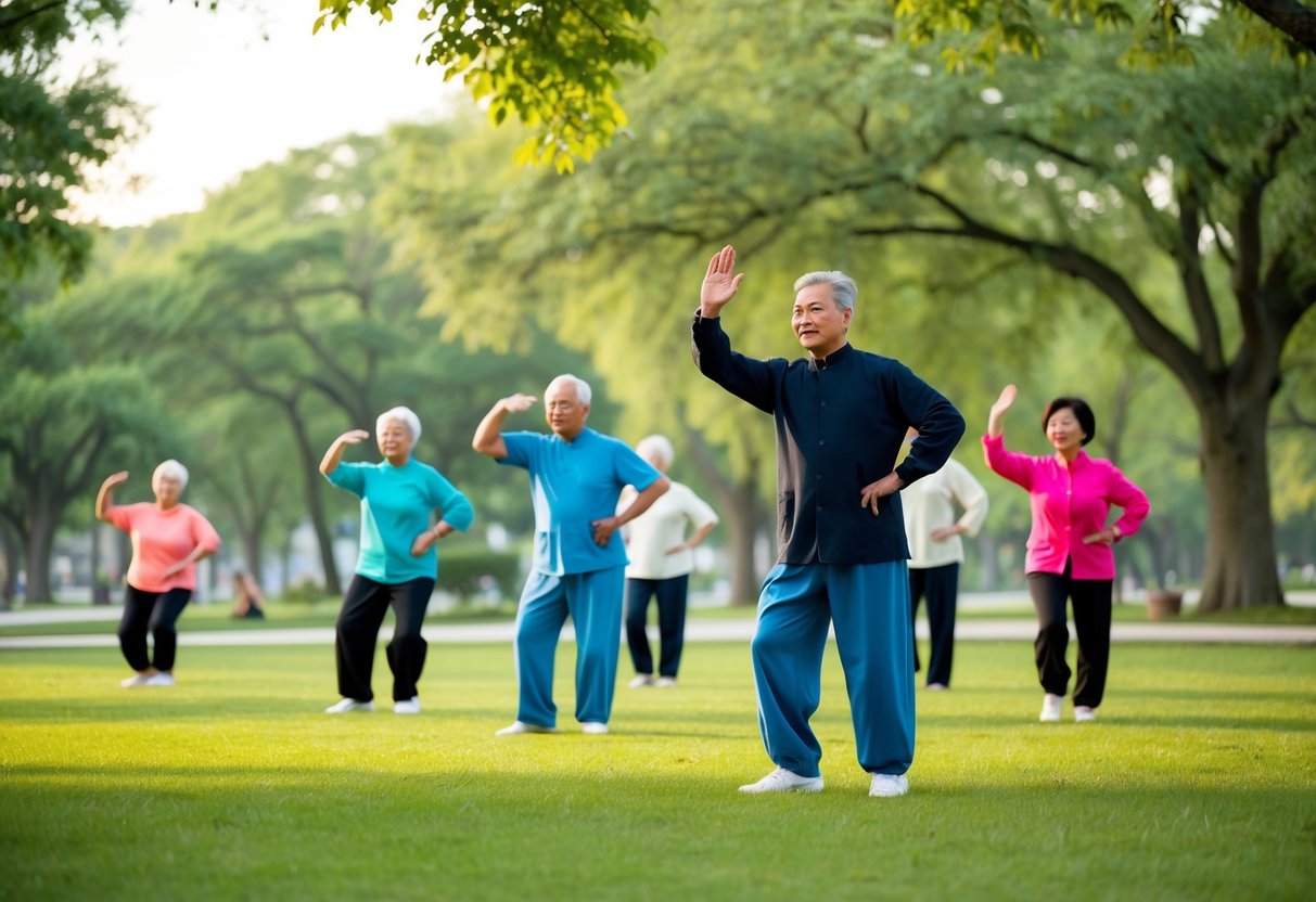 A serene park with a group of seniors practicing Tai Chi, surrounded by trees and a calm atmosphere