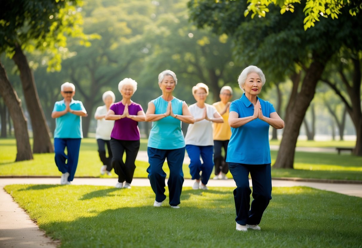 A serene park with a group of seniors practicing Tai Chi, surrounded by trees and a calm atmosphere