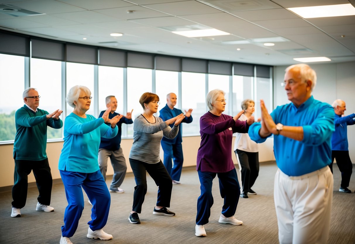 A group of seniors with Parkinson's disease practice tai chi in a research center, guided by a professional instructor