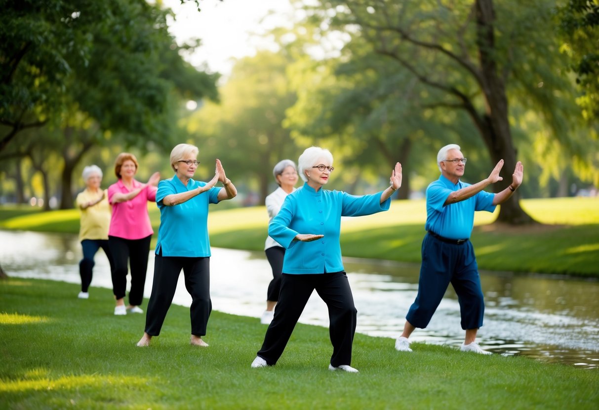 A group of seniors with Parkinson's disease practicing Tai Chi in a peaceful park setting, surrounded by trees and gentle flowing water