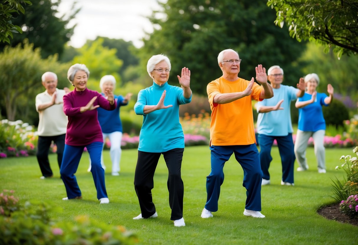 A group of seniors with Parkinson's disease practicing Tai Chi in a peaceful garden setting, surrounded by trees and flowers