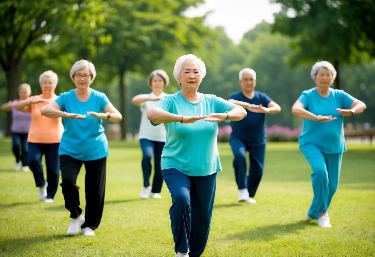 A group of seniors with Parkinson's Disease practicing Tai Chi in a peaceful park setting, with gentle movements and focused concentration