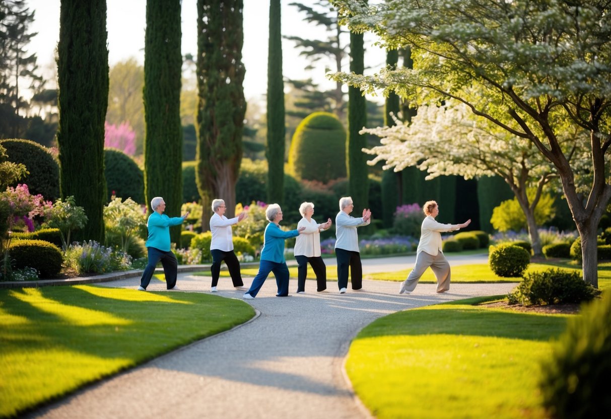 A serene garden with a winding path, surrounded by tall trees and blooming flowers. A group of seniors practices Tai Chi under the soft morning sunlight