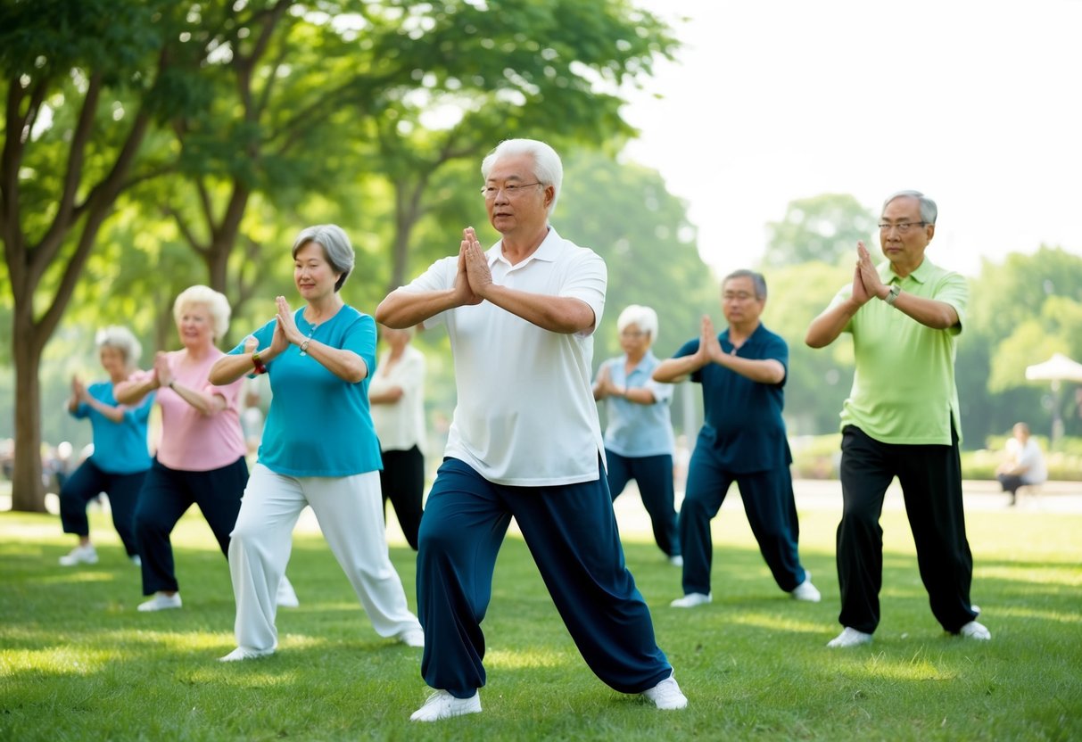 A group of seniors practicing Tai Chi in a park, focusing on slow, deliberate movements to improve balance and strengthen bones