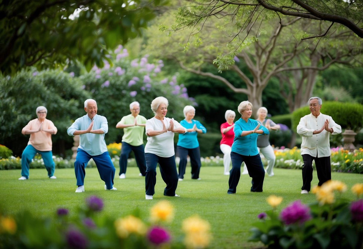 A serene garden with a group of seniors practicing Tai Chi, surrounded by trees and flowers