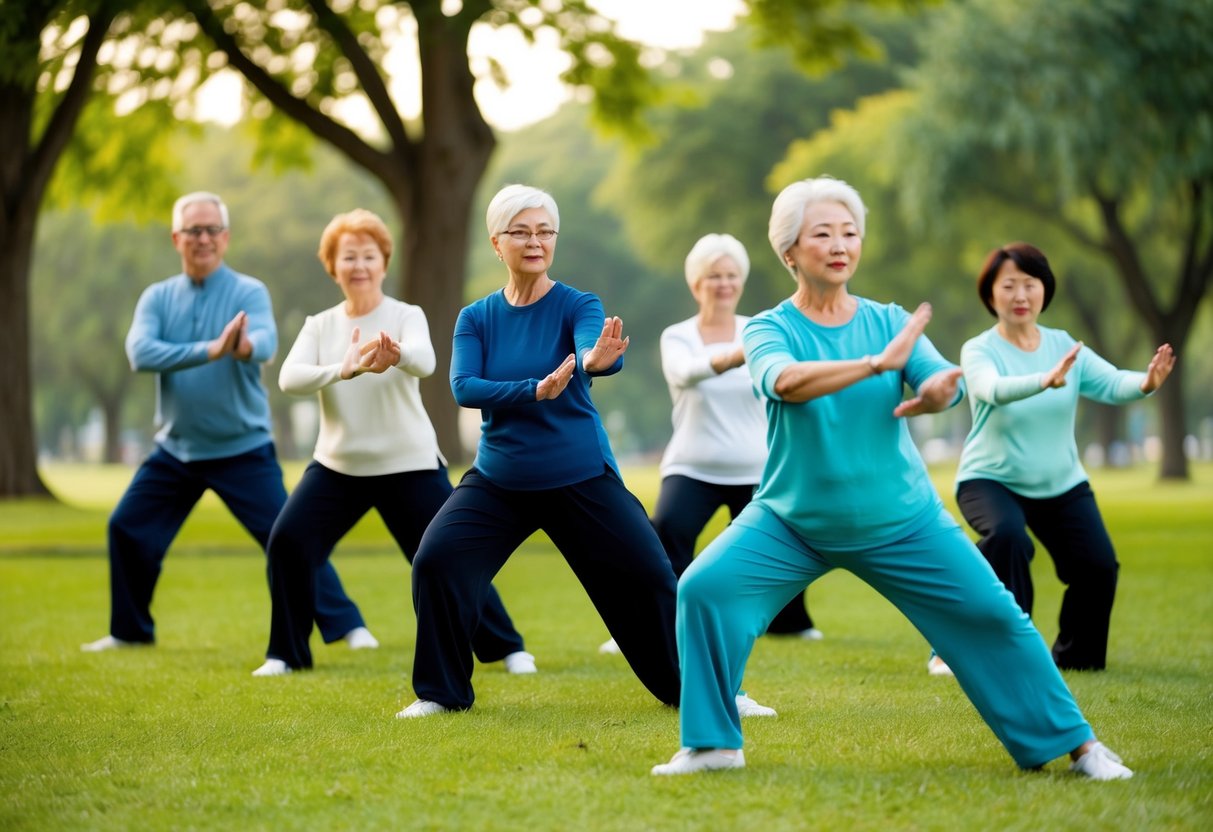 A serene park setting with a group of seniors practicing Tai Chi, focusing on their balance and fluid movements to promote mind-body connection