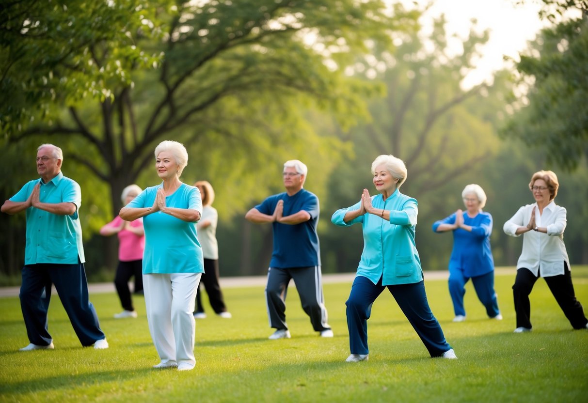 A serene outdoor setting with a group of seniors practicing Tai Chi, surrounded by trees and a calm, peaceful atmosphere